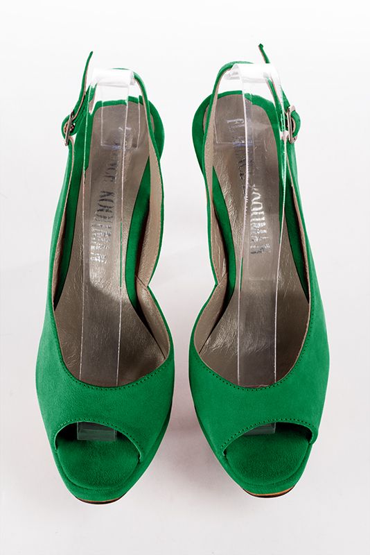 Emerald green women's slingback sandals. Round toe. Very high slim heel with a platform at the front. Top view - Florence KOOIJMAN